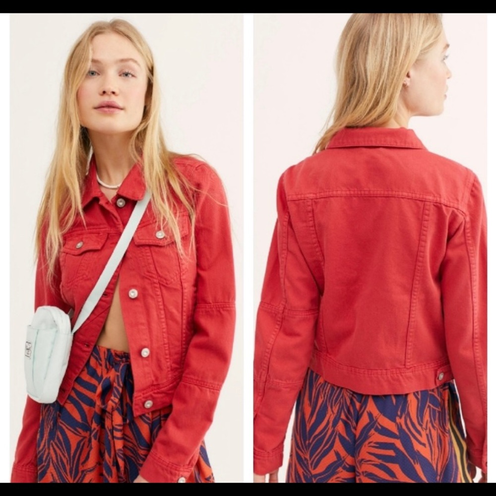 Free People Rumors Red Denim Jacket